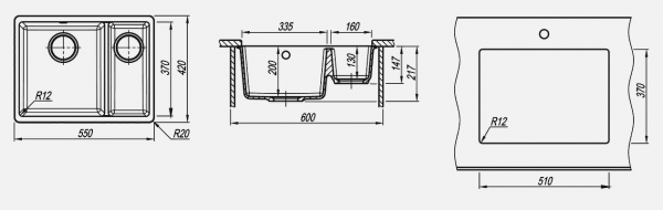 Мойка кухонная керамогранитная Florentina ВЕГА 335/160 22.325.D0510.302 55*42 см. антрацит
