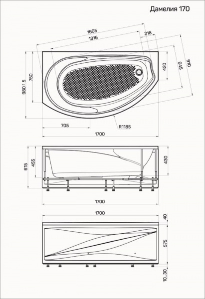 Ванна акриловая 1Marka DAMELIA 01дам1710л 170x100 см. левая  Ванна акриловая 1Marka DAMELIA 01дам1710л 170x100 см. левая