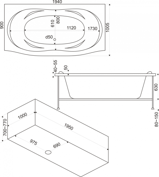 Ванна акриловая BAS ФИЕСТА В 00043 194x90 см. 