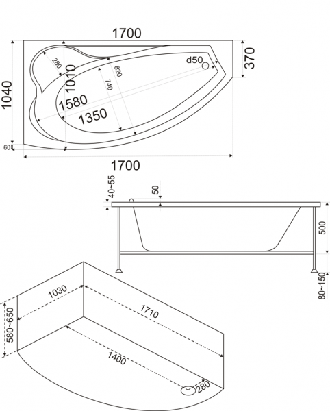 Ванна акриловая BAS НИКОЛЬ В 00027 170x102 см. левая  Ванна акриловая BAS НИКОЛЬ В 00027 170x102 см. левая